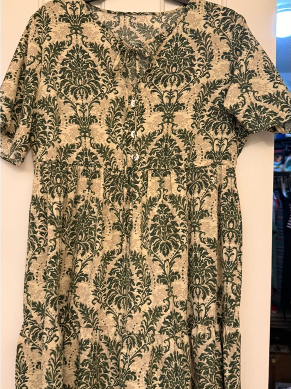 Green and Cream Damask Tiered Dress